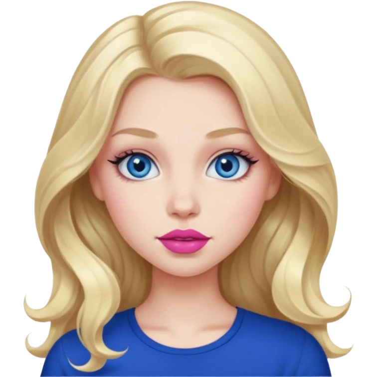 girl with wide blue eyes with long thick lashes with long wavy blonde hair and a dark blue top on with pink lipstick and big lips emoji