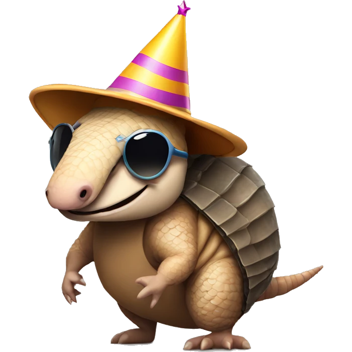 Armadillo with a birthday hat and sunglasses and creepy smile emoji