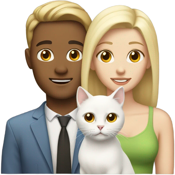 Couple brunette man blonde woman and white cat emoji