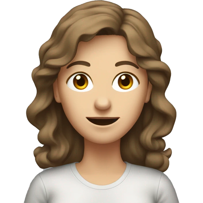 A middle-aged European woman, thin, with long, wavy brown hair. The woman has jeans and a loose T-shirt. She wears dark sneakers. emoji