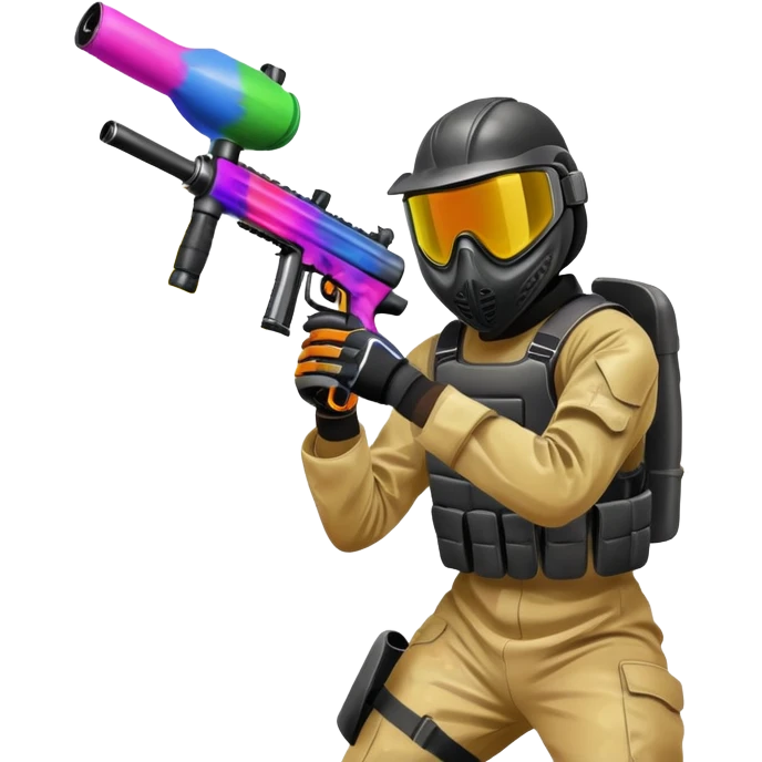 A dynamic scene of a player in action, holding a paintball gun and wearing protective gear. The background shows a vibrant paintball field with obstacles, colorful splatters of paint in the air, and an intense, competitive atmosphere. emoji