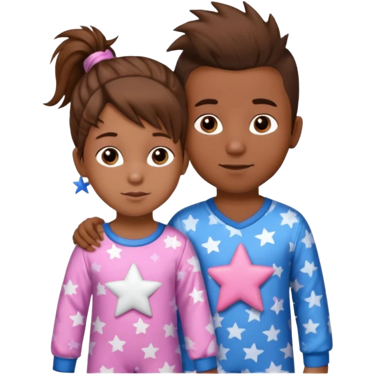 4 year old brown spikey haired boy with blue pajamas with stars on them and a 1 year old brown haired pony tail girl with pink pajamas, and stars on them emoji