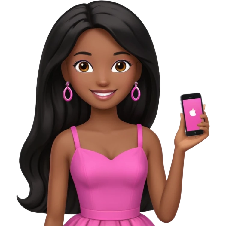 Black barbie, long black  hair, pink dress emoji