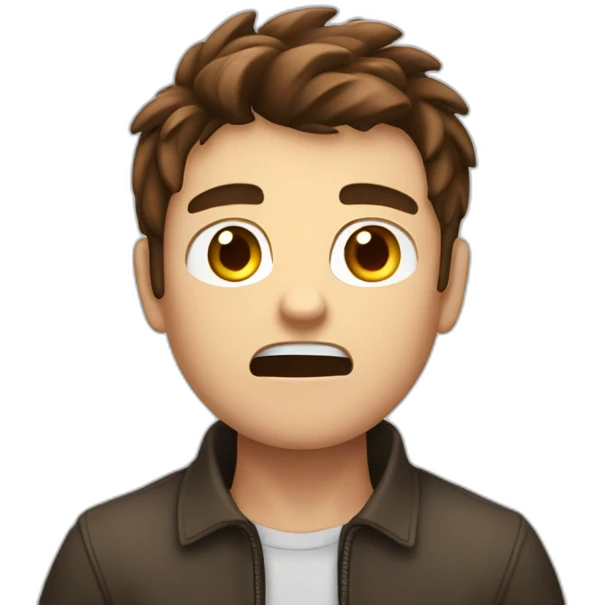 A 20 years Old angry boy with Brown hair saying “STOP” with his hand emoji