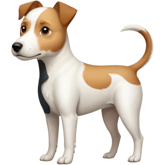 a full body slightly chubby white parson russell terrier looking dog the size of a kelpie with light brown long ears and a light brown patch on one eye and a large snout. the rest of the dog is completely white emoji