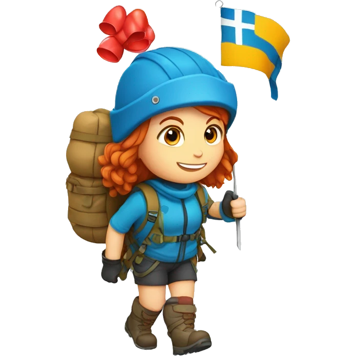 Female winter mountain climber red hair climbing, Greek flag on backpack and holding Easter eggs basket emoji