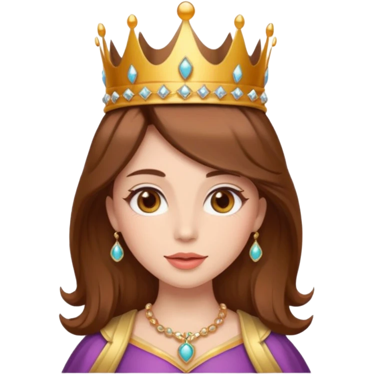 vull un perosnatge estil bimoji que sigui una figura radiante y serena. Se la describe como hermosa y deseable. Cabello castaño y labios carnosos y de un color meocoton, ojos color miel y una vestimenta digna de la realeza, sin olvidar su corona emoji