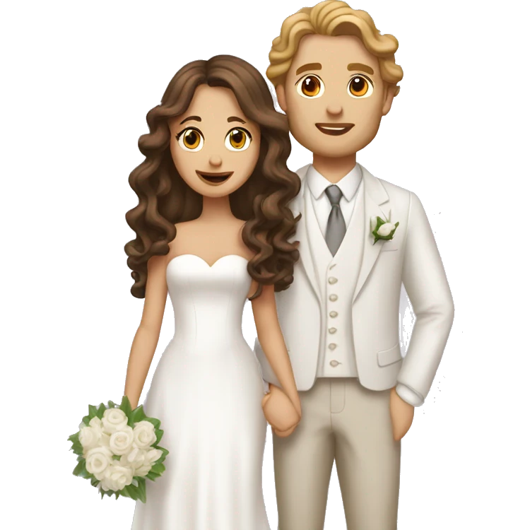 White couple on their wedding day, girl has long brown hair in curls emoji