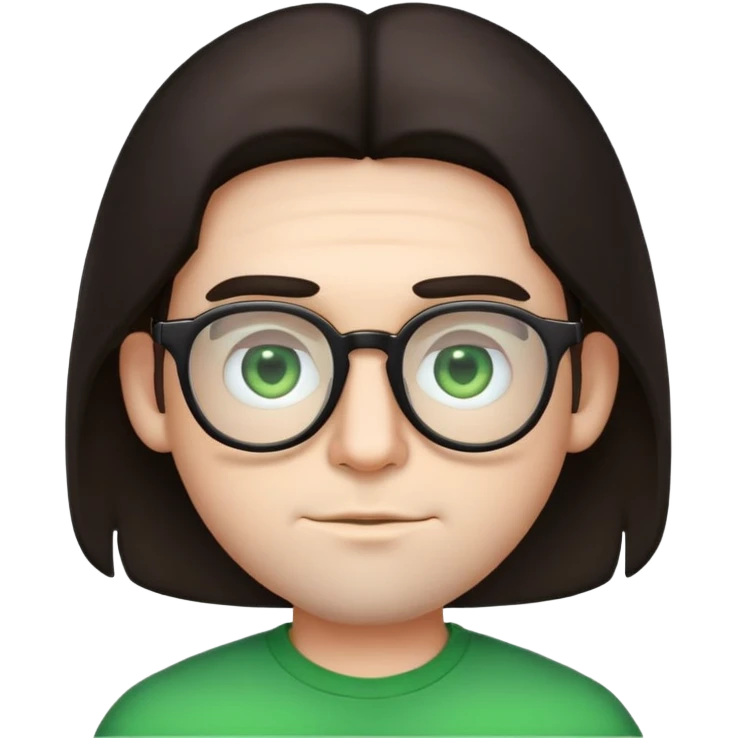 young male emoji with wide face, fuller lips, very poofy voluminous dark straight hair (not curly), big ears, pale skin, glasses, green eyes set wider apart, very light stubble emoji