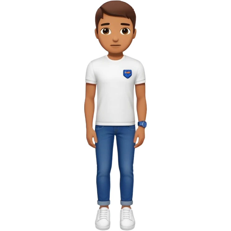 Human wearing white shoes and white shirt and blue jeans and wearing a navy blue SuperDry mark watch on his left hand emoji