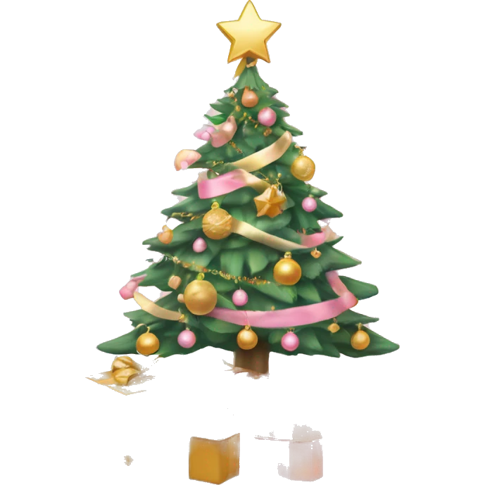 christmas tree with light pink and gold decorations with pink and gold presents underneath the christmas tree (pastel,vivid) emoji