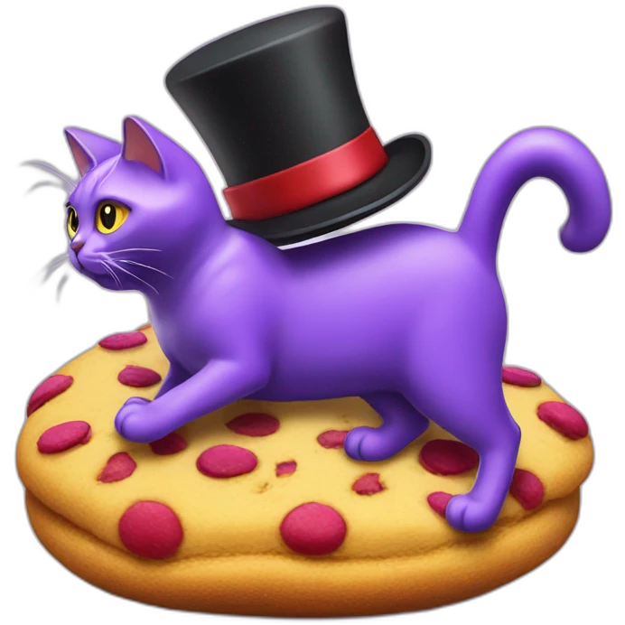 Cat with a top hat riding a purple cat riding a red cat riding a yellow cat riding a giant cookie emoji