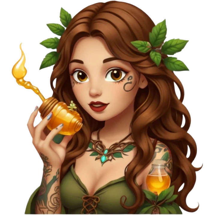 woman with long wavy brown hair, tattoos, forest mystic outfit, licking glowing honey from fingertip, flirty eyes emoji