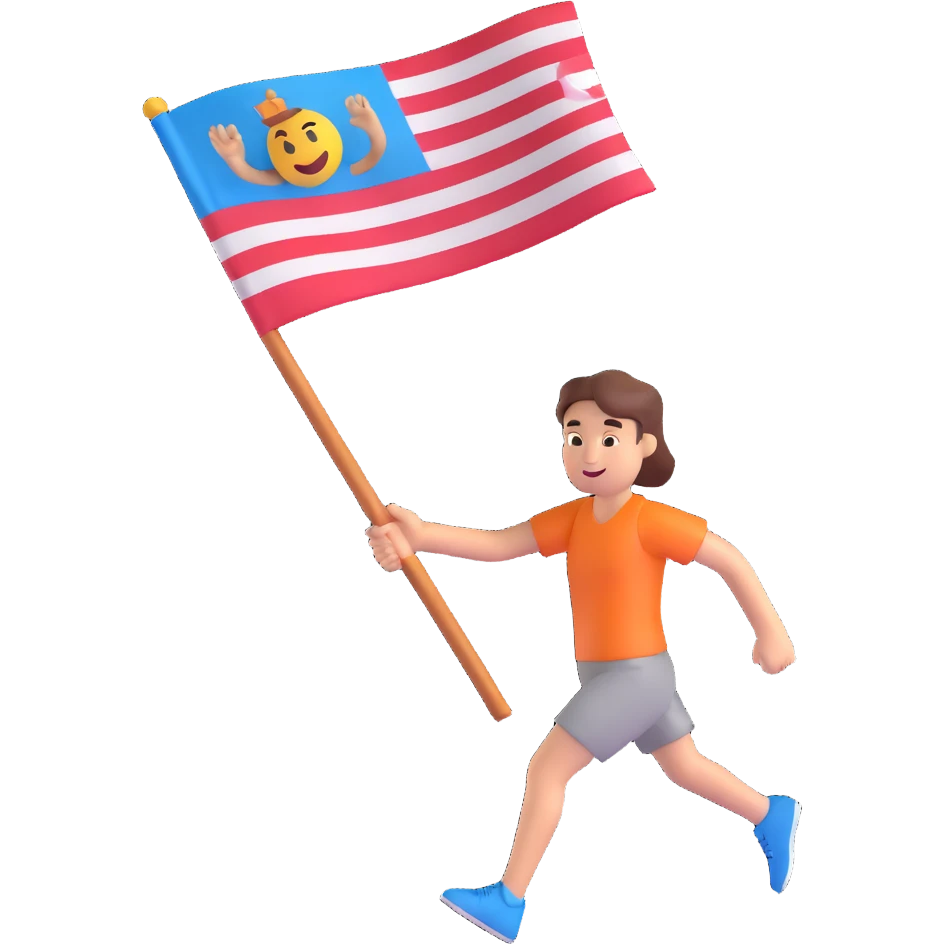 happy runner waving a flag that says 'emojiland' emoji
