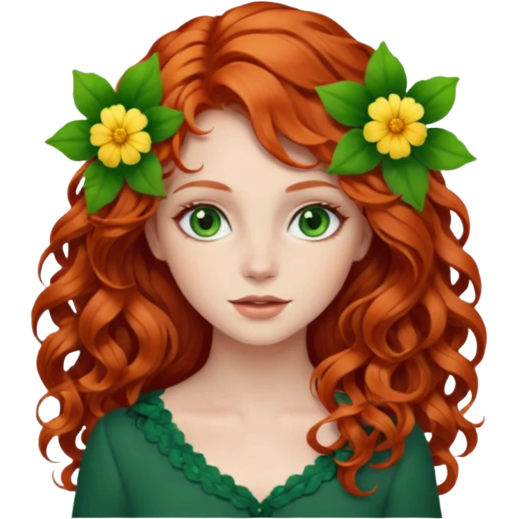 Natural redhead model, green eyes, wavy hair, flowers in hair emoji