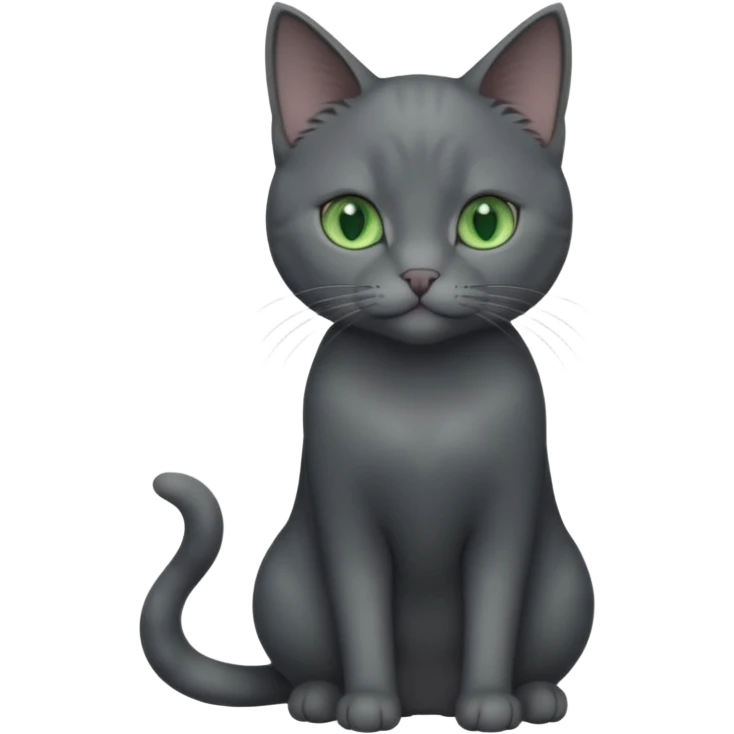 full body view of beautiful female solid dark grey cat with green eyes, grey face, white toes/paws and small white patch on her chest emoji