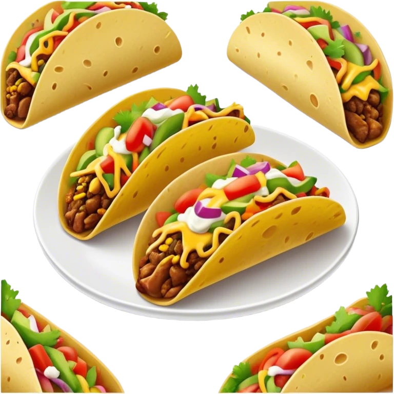 Cinematic vibrant tacos, warm soft shells filled with flavorful meats, fresh vegetables, cheese, and zesty salsa, colorful and lively, ultra-detailed and appetizing. emoji