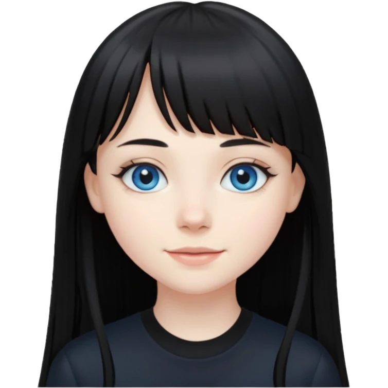 20 yr old woman long straight black hair, pale skin, blue eyes, black clothes, small smile, bangs emoji