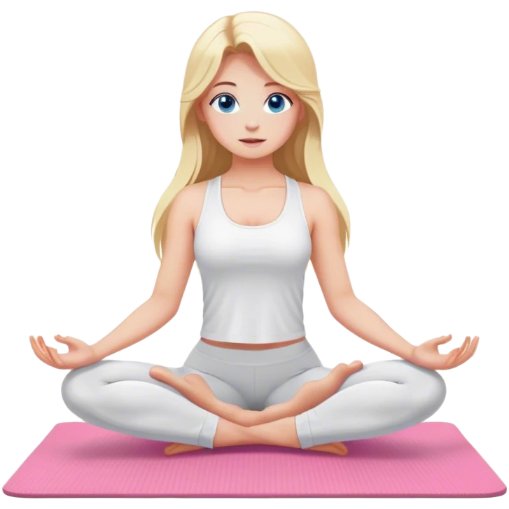 Cinematic realistic blonde with long hair and blue eyes, dressed in a white top and leggings, does yoga on a pink mat emoji