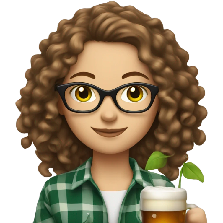 White woman with long brown curly hair, green eyes and glasses wearing plaid and holding a pint of beer emoji