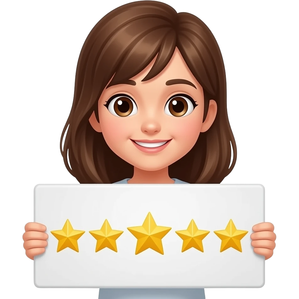 Holding up a sign with 5 stars a girl emoji