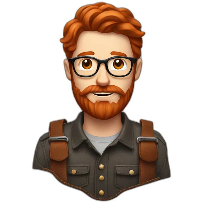 Red smooth haired man with beard and glasses hand stitching a saddle emoji