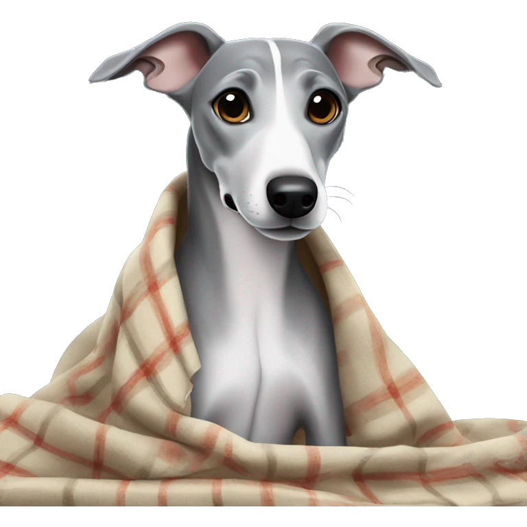 Grey whippet with a blanket emoji
