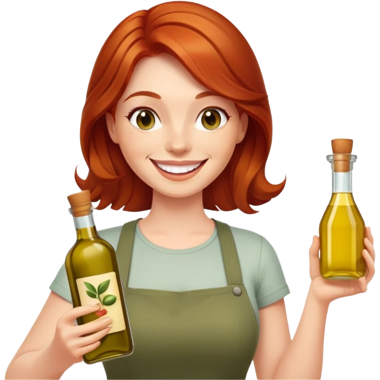 redhead woman with big smile holding olive oil bottle emoji