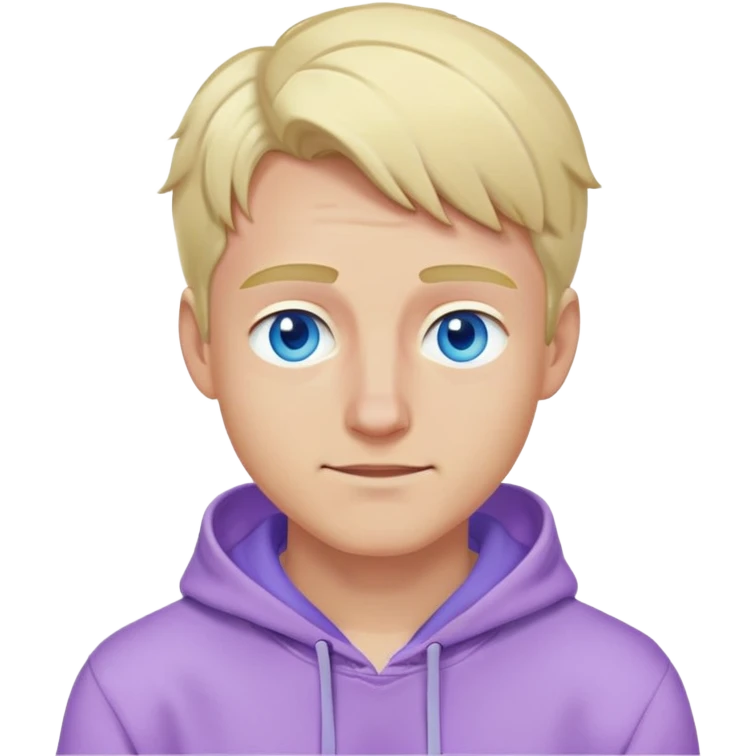 blonde man with blue eyes, lilac hoodie, winking emoji