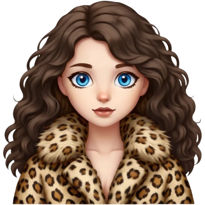 Brunette girl blue eyes with long wavy hair in fluffy leopard fur coat  emoji