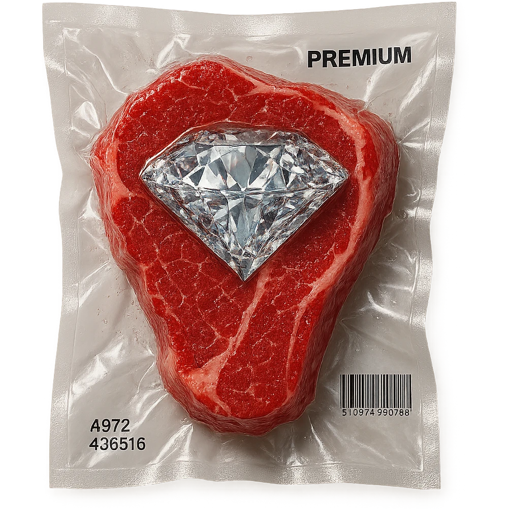 meat steak with sparkling diamond facets, glossy and puffy, vacuum-sealed style emoji