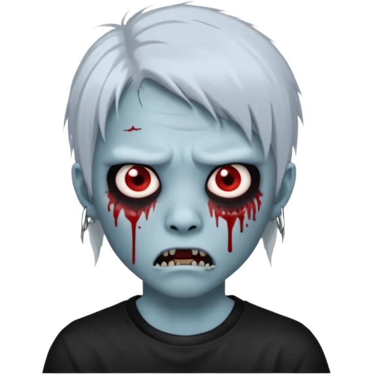 Create a 3D emoji-style avatar with very pale blue-grey zombie skin like the reference image, a young Asian face, and large eyes with blood tears. Give it white mullet-style hair, silver hoop earrings, and a plain black T-shirt. The face expression should be slightly angry, with vampire fang emoji