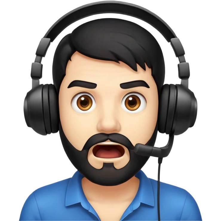 Very shocked man with wide eyes, open mouth, black hair, brown eyes, black beard wearing a gaming headset emoji