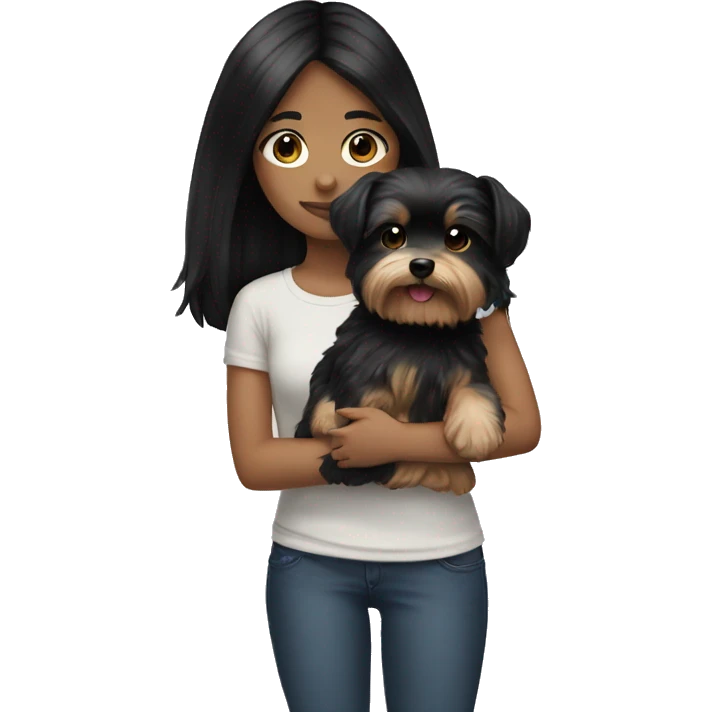 teenage girl with black hair holding a morkie dog emoji