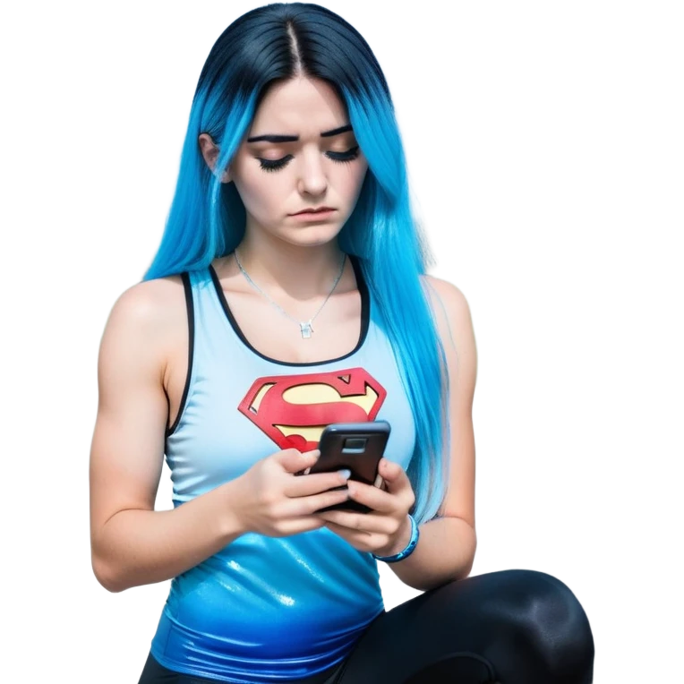Shameful disappointed crying-very very very very big chest-texting on a samsung cell phone-very long straight flowing black to sky blue hair ombre-blue eyes-black eyeliner-long eyelashes-plastic sparkling sky blue very low cut tank top with sparkling superman logo-black leggings-nike sneakers emoji