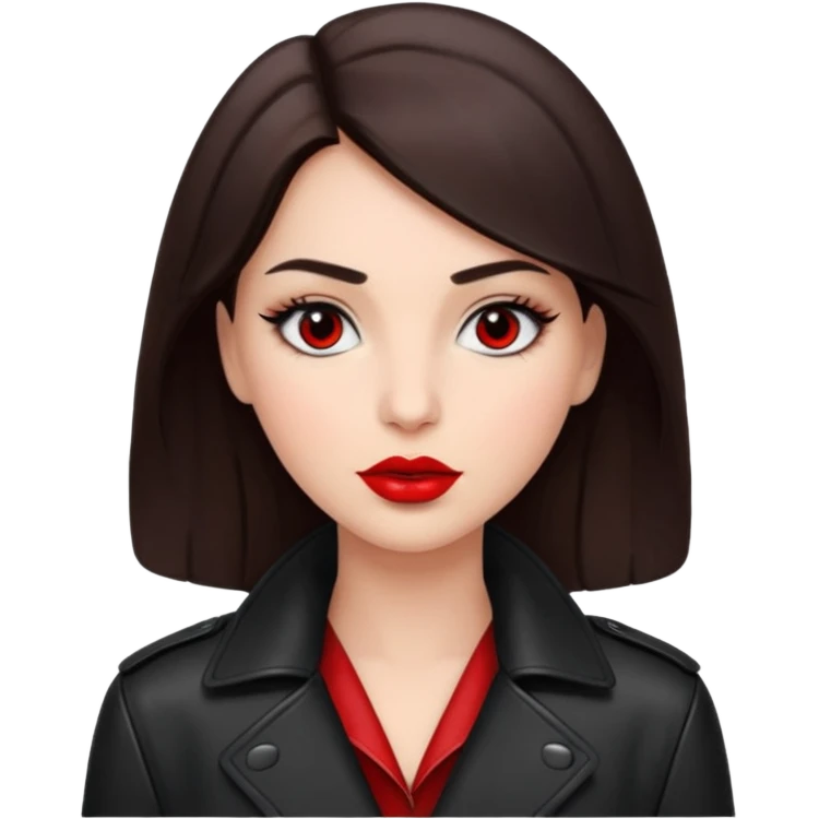 brunet in cuir coat with red lips and black eyes emoji
