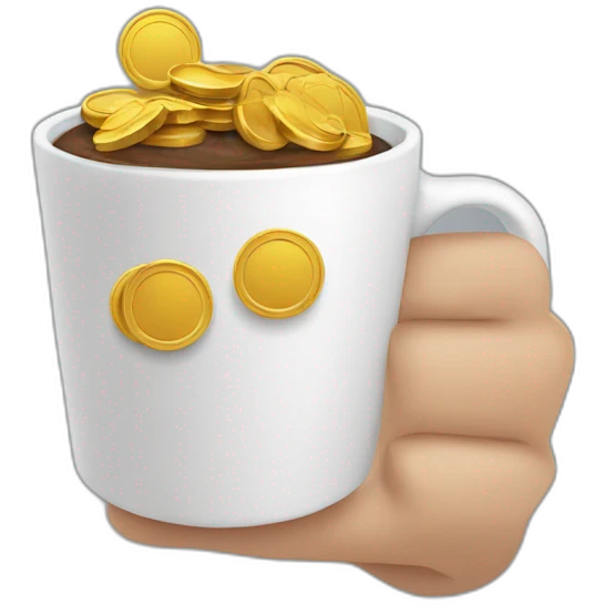 long hand holding a coffee cup with coins falling inside emoji
