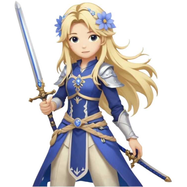 White and golden, blonde, long-haired Lumine (from Genshin Impact) with a pastel-indigo flower in hair and with a sword (full body) emoji