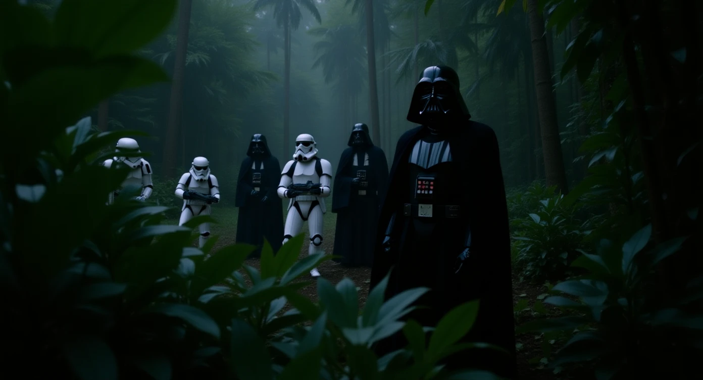 cinematic still, Closeup shot, amazon jungle,  blurred plants in the foreground (frame within a frame), Darth Vader around stormtroopers coming out from starship on ground, they are exploring the jungle emoji