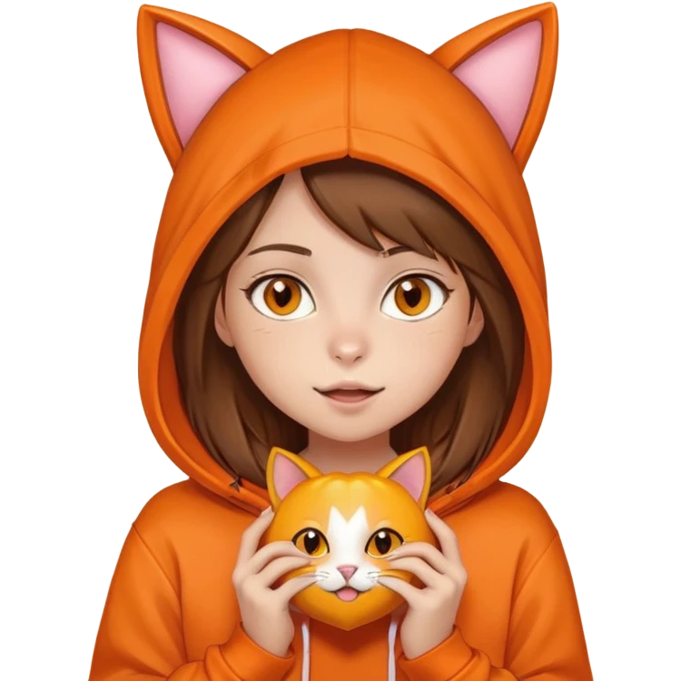 Una niña piel blanca, pelo castaño y lacio, ojos color miel, con un poleron naranja que en el gorro tiene una cara y orejas de gato, mordiendo un corazón naranja  emoji