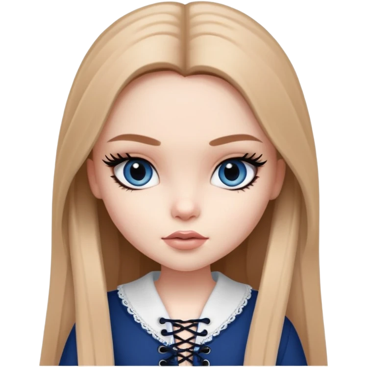 pretty bratz girl, long straight light brown hair, dark blue eyes, black eyeliner, pale skin, light girly clothes with laces emoji