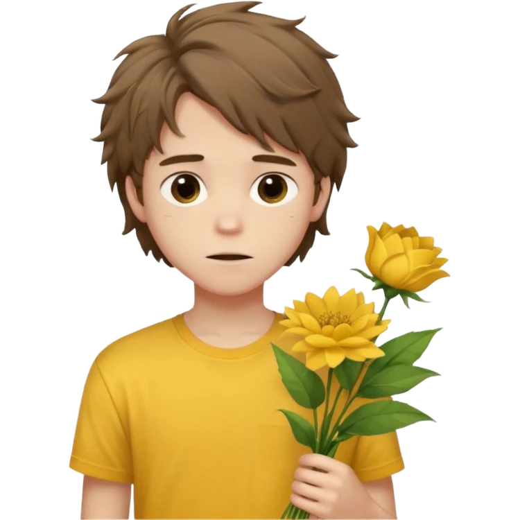 generate an ios genmoji of a 20 year old fair boy with brown long and messy hair with faint upper lip hair - visible (brown). should look like he cant grow a mustache., carrying a flower bouquet, wearing a yellow tshirt, looking shy emoji
