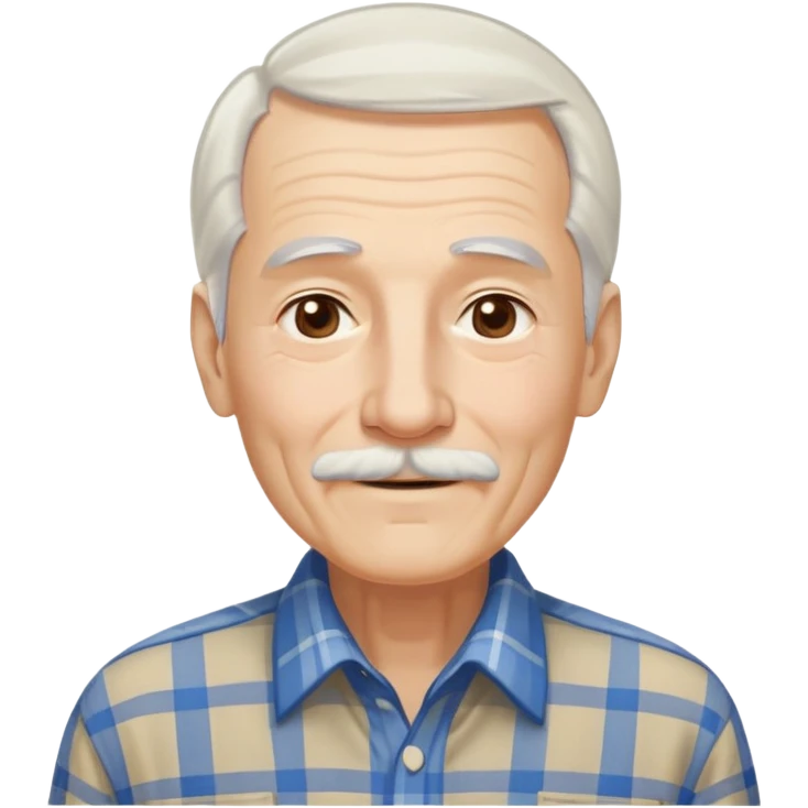 Elderly thin man with light skin. Elongated face with kind smile. Long straight white hair reaching down to chest, with some bangs. Light brown eyes. Thin eyebrows. White goatee and mustache. Very slim build. Wearing a blue and beige plaid shirt. emoji