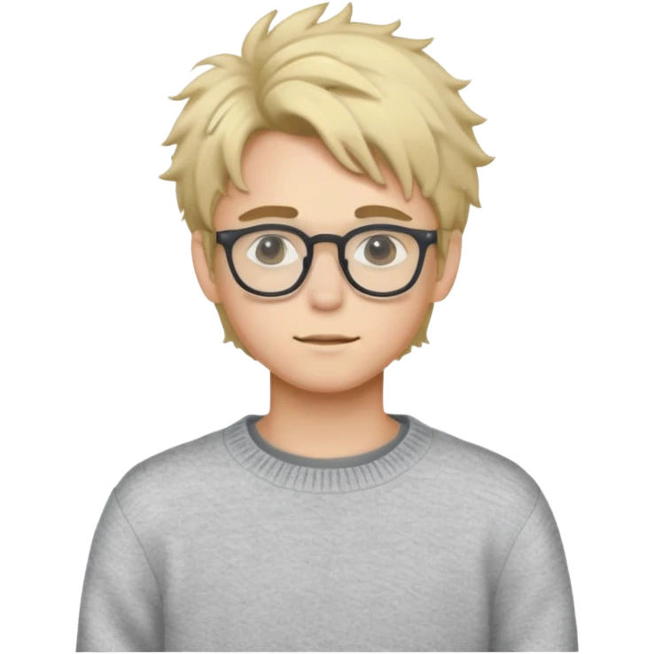 Twink with blonde messy hair and glasses, white skin and a grey sweater emoji