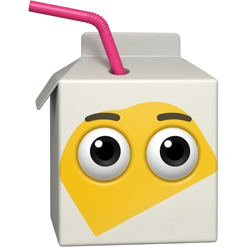 Juice box with only eyes looking to the side with a hot pink straw emoji