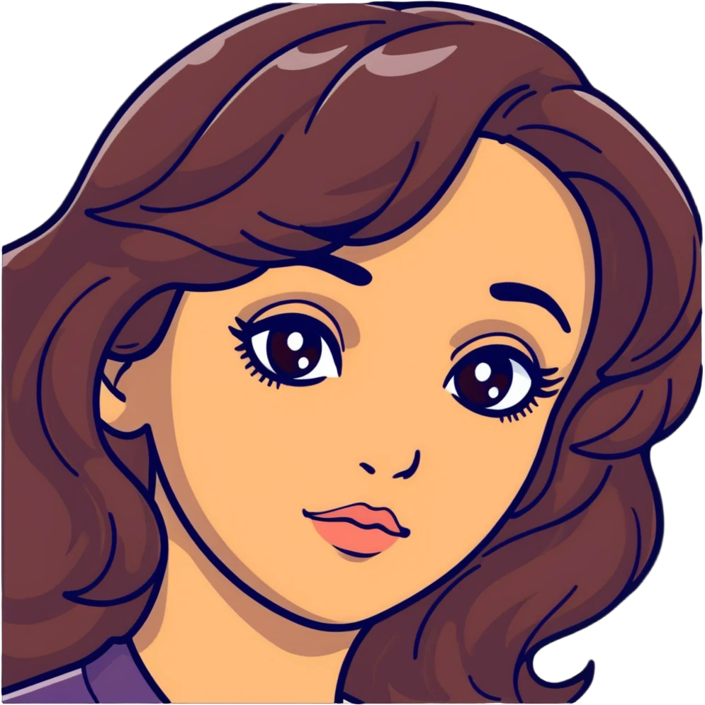 woman face with big eyes, medium skin tone, and dark wavy hair emoji