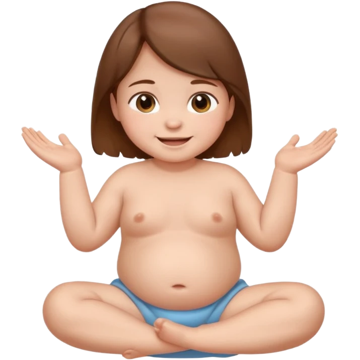 A smiling newborn with brown hair, sitting, moving its arms and hands. emoji