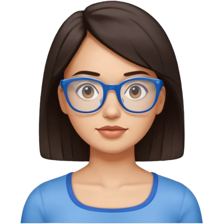 mujer de 30 años, cabello marron oscuro, ANTEOJOS CELESTE BLANCOS, top celeste escote cuadrado, piel blanca, cara redonda emoji