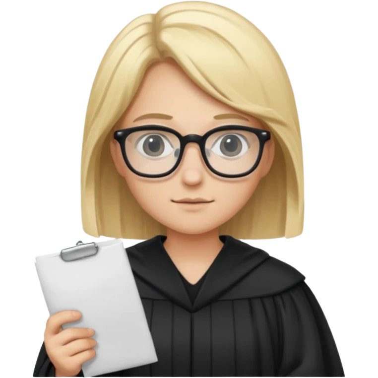 Young judge, blonde hair with glasses and robe, hold a paper emoji