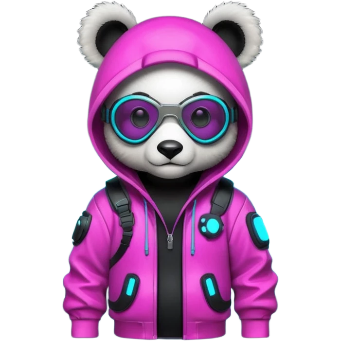 cute cyberpunk panda, neon hoodie, cyber goggles, glowing patterns, futuristic armor details, 3D cartoon, mobile game icon style, clean background, no text, no watermark
 emoji